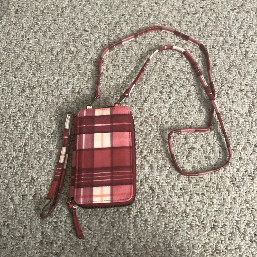 Red-Pink-White Plaid Crossbody Wristlet